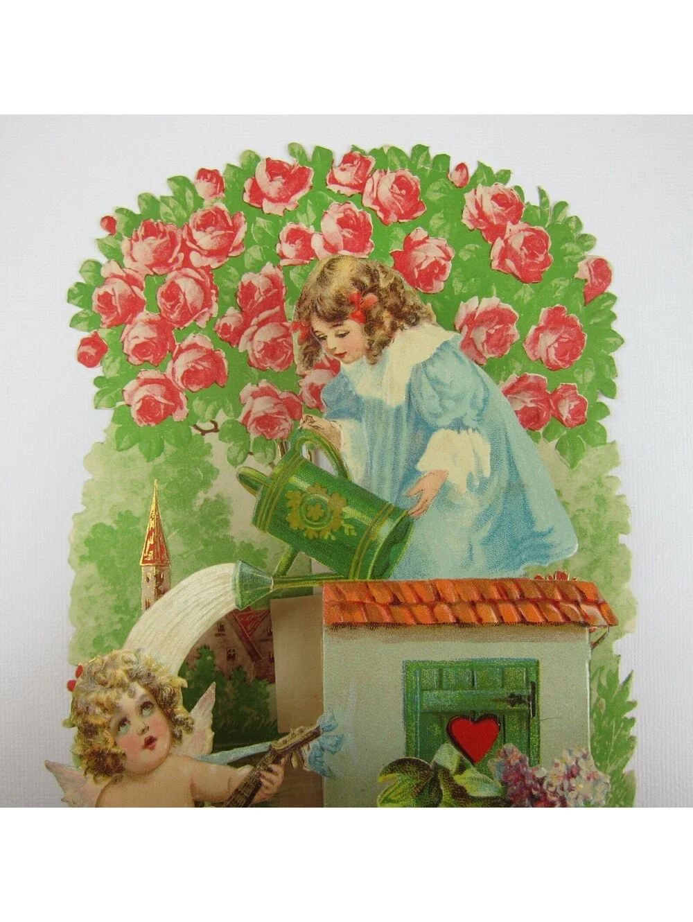 Antique Valentine Honeycomb 3D Pop Up Girl Blue Dress Cupid Roses LARGE UNSIGNED